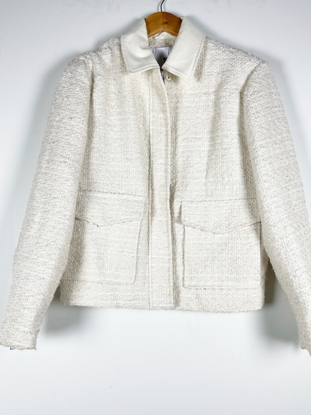 NEW Eaves Shani Cotton Wool Blend Tweed Boucle Textured Knit Jacket Ivory XXS